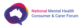 Purple, pink and yellow logo with map of Australia in the centre of three ovals and text National Mental Health Consumer & Carer Forum