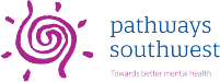 Pathways southwest logo: purple stylised sun in a swirl formation. Text: pathways southwest Towards better mental health